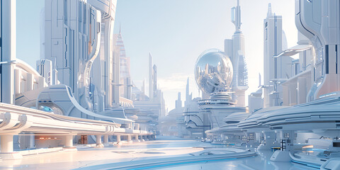 Futuristic city in the blue sky 3D rendering A breathtaking cityscape with futuristic buildings.
