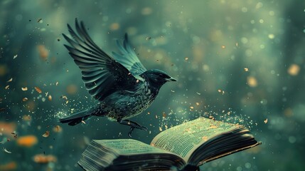 An abstract depiction of a bird flying out of a book, symbolizing the spread of knowledge and freedom.