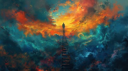 A conceptual painting of a ladder leading to the sky, symbolizing the ascent towards democratic ideals.