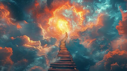 A conceptual painting of a ladder leading to the sky, symbolizing the ascent towards democratic ideals.