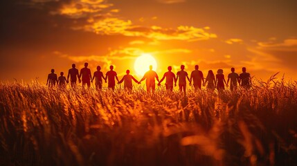 An image of a sun rising behind a group of people holding hands, representing hope and unity in democratic governance.