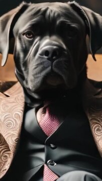 vertical 9:16 closeup portrait of cane corso dog in paisley suit