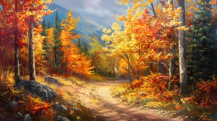 a mountain forest landscape in autumn with a multi-colored backdrop
