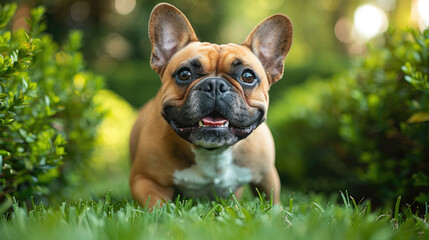 Fototapeta premium Happy young bulldog standing in grass in the park