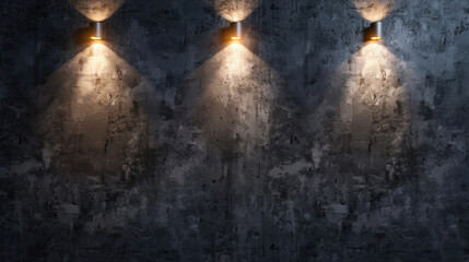 Empty dark concrete wall with three lamps