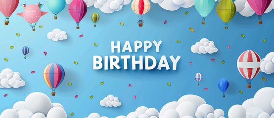 Colorful birthday banner with paper lanterns and birds flying in the sky saying "Happy Birthday" in white letters - Powered by Adobe