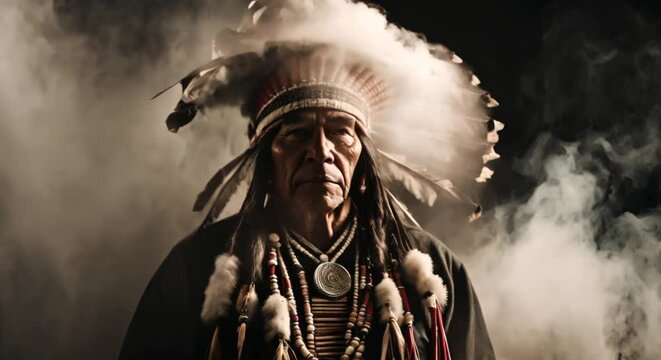 native american chief in cloud of smoke on black background