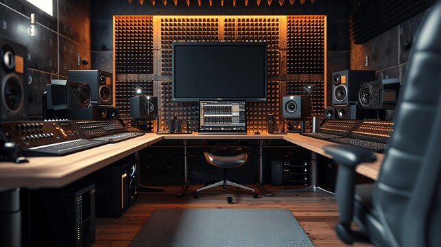 Recording equipment in a professional recording studio. Generative AI