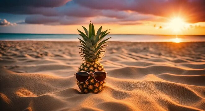 pineapple wearing sunglasses on the beach at sunset
