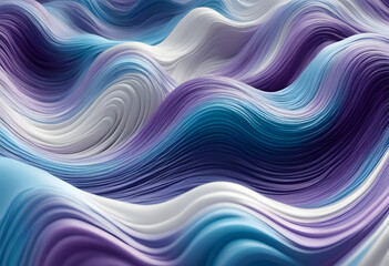 Fototapeta premium Abstract 3D rendering of wavy, layered shapes in shades of blue, purple, and white, creating a fluid and dynamic visual effect.