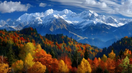 a mountain forest landscape in autumn with a multi-colored backdrop
