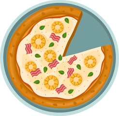 Hawaiian Pizza. Vector illustration of italian pizza. Pizza with ham, basil, pineapple, peppers and cheese