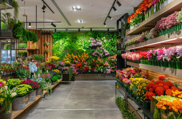 Fototapeta na wymiar Flower shop interior design, flower wall behind the counter, lots of flowers on shelves and in vases, green plants, concrete floor