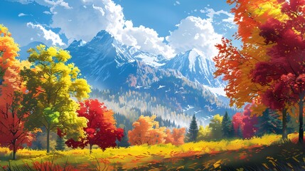 a mountain forest landscape in autumn with a multi-colored backdrop