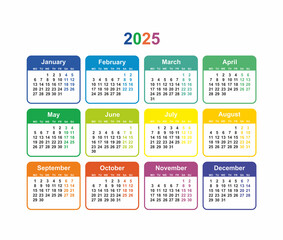Calendar grid 2025 colorful Simple layout of pocket or wall calendar on white
