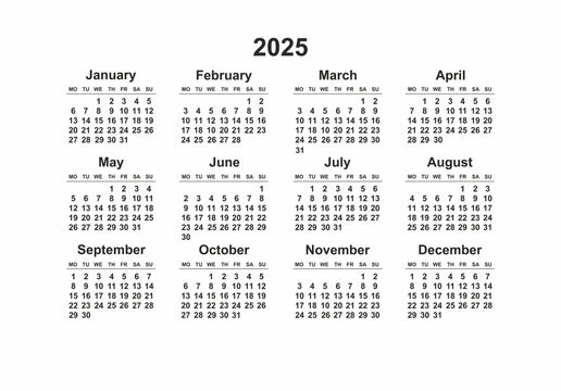 Calendar grid 2025 black and white  Simple layout of pocket or wall calendar on white