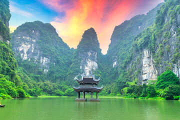 Landscape of Vu Cung at Tam Coc National Park. It was the place where the Tran Dynasty's struggle...
