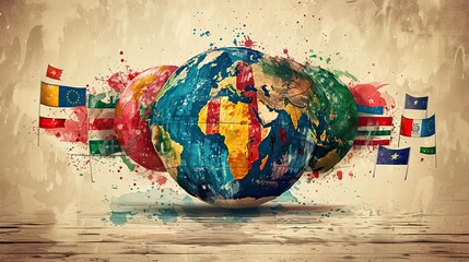 An illustration of a globe with flags representing different nations, symbolizing global unity in democracy.