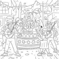 coloring book page illustration of a street parade with musicians, dancers, and floats.