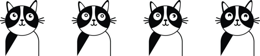 Black cat head face silhouette icon set. Vector logo cat for tattoo or T-shirt design or outwear. Cute print style cat background. Cat in shadow white line art. Pet collection cute cartoon character.
