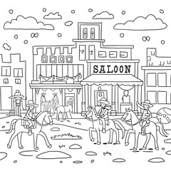 coloring book page illustration of a wild west town with cowboys, horses, and a saloon.