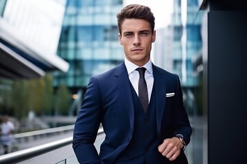 Fototapeta premium A handsome man in a suit and tie poses for a picture against a backdrop of modern city skyscrapers