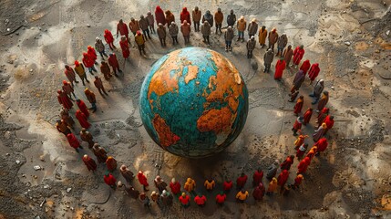 An image of a globe with people forming a circle around it, symbolizing global cooperation in democracy.