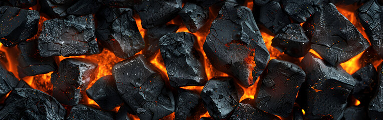 A burning black coals glowing on a flames grilling coals on isolated background
