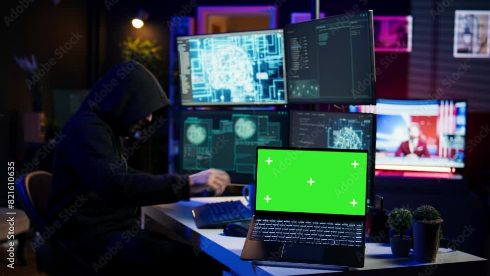 Poster hacker in hidden place using green screen laptop to deploy malware on unsecured devices, stealing se