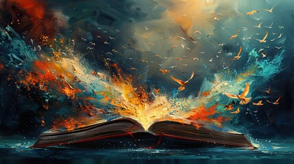 An abstract painting of birds flying out of an open book, symbolizing the spread of knowledge and freedom.