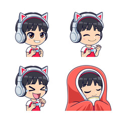 Cute gamer boy cartoon mascot vector illustration suitable for sticker, icons, badges and streamer.