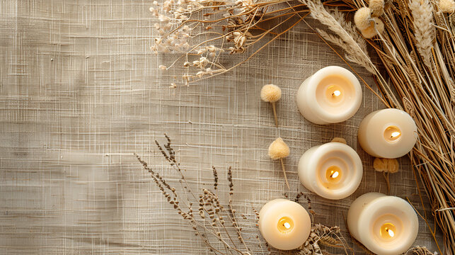 un fondo de tela de yute con espacio para copiar y elementos de flores secas y velas para decoraci&oacute;n, con elegancia y sofisticaci&oacute;n