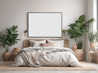 Interior design of room with blank poster frame, Off-White desk, cozy bed, vase with leaves