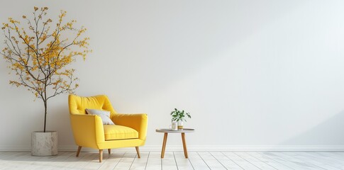 yellow chair with green plant beside it in empty room