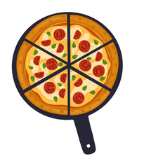 Hawaiian Pizza. Vector illustration of italian pizza. Pizza with basil, tomato, peppers and cheese