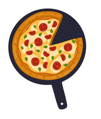 Hawaiian Pizza. Vector illustration of italian pizza. Pizza with basil, tomato, peppers and cheese