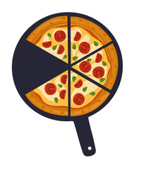 Hawaiian Pizza. Vector illustration of italian pizza. Pizza with basil, tomato, peppers and cheese