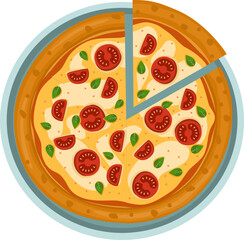 Hawaiian Pizza. Vector illustration of italian pizza. Pizza with basil, tomato, peppers and cheese