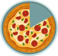Hawaiian Pizza. Vector illustration of italian pizza. Pizza with basil, tomato, peppers and cheese