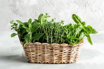 Naklejka premium Fresh herbs bundled together in a woven basket on a clean backdrop