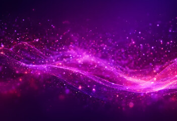 Fototapeta premium A vibrant, abstract digital art piece featuring flowing waves of purple and pink light particles against a dark background.
