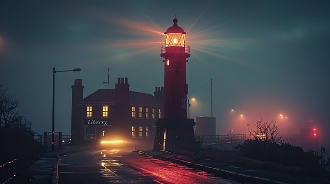 A visual of a lighthouse with beams forming the word "Liberty," guiding people towards democratic values.