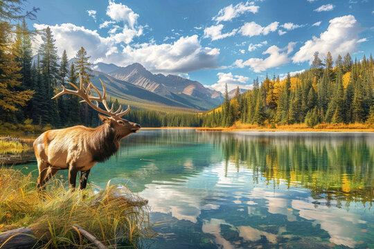 A majestic elk with impressive antlers stands beside an emerald lake in the heart of British Columbia's wilderness