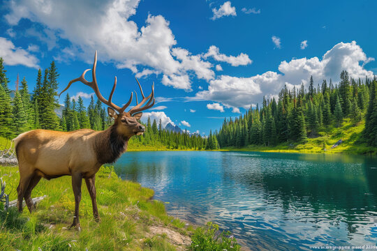 A majestic elk with impressive antlers stands beside an emerald lake in the heart of British Columbia's wilderness