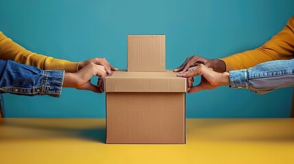 A stylized image of people holding hands around a ballot box, representing unity in democratic voting.