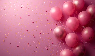 Pink Background with Balloons, Gold Paper Scraps, and Ribbons for Celebration or Party Decoration. Perfect Banner Design for Holiday Activities with Relaxed and Nurturing Atmosphere.