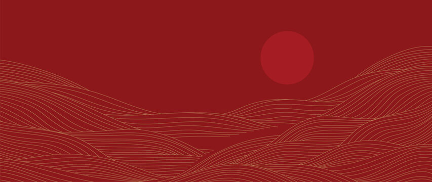 Happy Chinese new year background vector.  Wallpaper design with mountain and sun line art pattern. vector illustration.