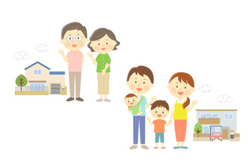 それぞれ別々の家に住む家族のイラスト