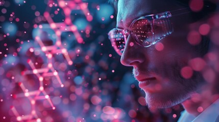 Close-up of a scientist using a digital interface to analyze data, surrounded by illuminated molecular structures and futuristic visuals.