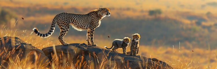 A mother cheetah with her cubs, all standing on the grassy plains of the Serengeti National Park in Tanzania - Powered by Adobe